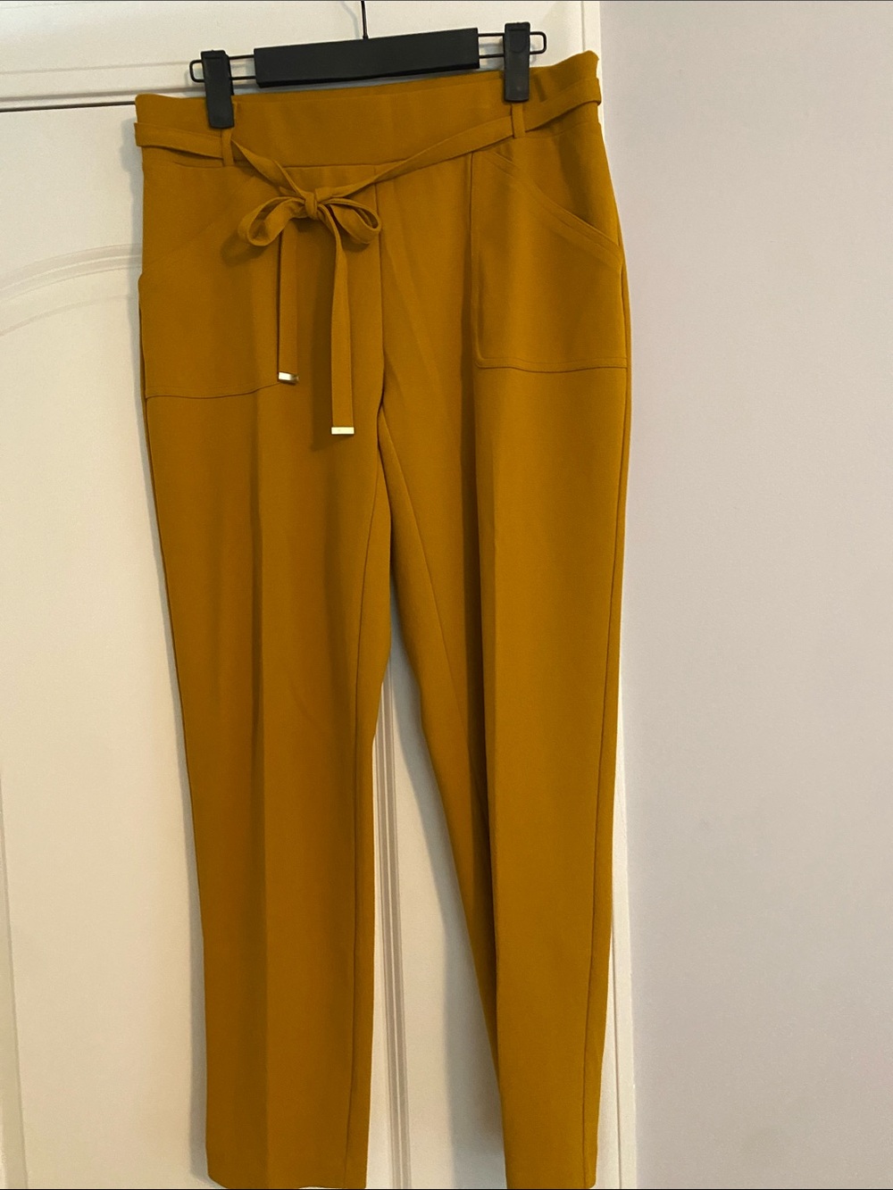High-Rise Mustard Tie-Waist Straight Leg Trousers